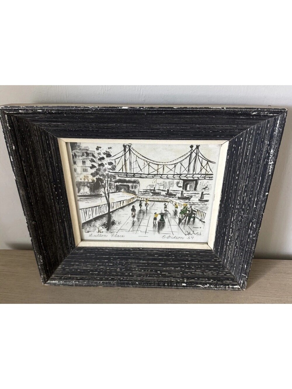 Vintage MCM E. Gideon Sutton Place NYC Lithograph Print Framed New York Art 1954